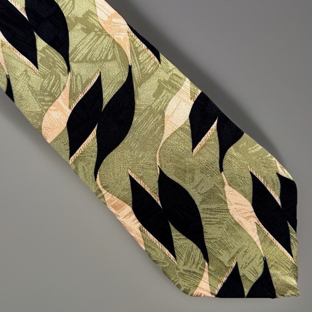 Martin Wong Napa CA Silk Necktie Abstract Olive Black Art Deco USA Tie -689